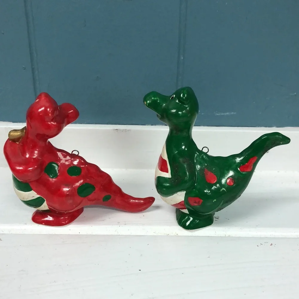 Lot of 2 vintage dragon dinosaur hand‎ painted Christmas ornaments RARE